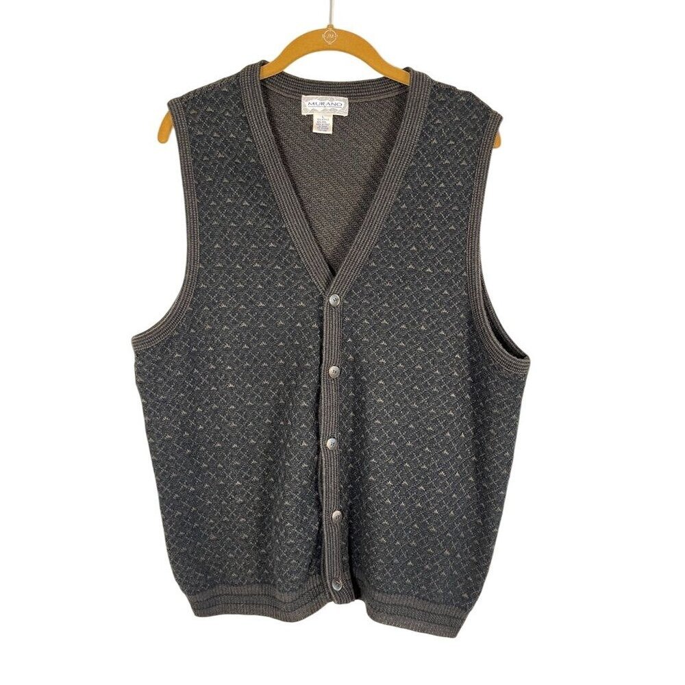 Retro Wool Knit Sweater Vest Gray L Grandpa Preppy Academia Argyle Italy 70s